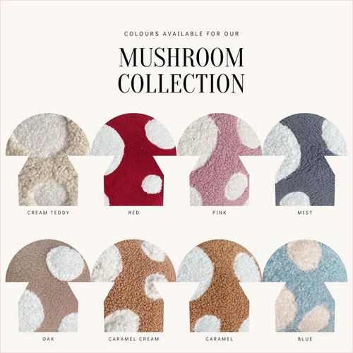 Fairytale mushroom baby cushion colours.